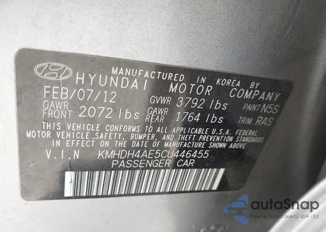 2012 Hyundai Elantra Gls (Ulsan Plant) from USA, damaged, VIN KMHDH4AE5CU446455